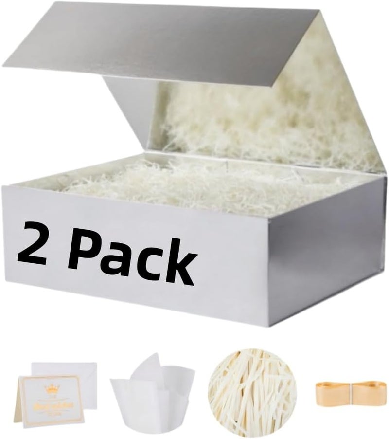 UoeRing 2 Pack Silver Gift Box Large 13.5x11.8x4.7 inch Luxury Gift Box for Presents with Magnetic Closure Lid Collapsible,Birthday,Contains Card, Ribbon, Tissue Paper,Shredded Paper Filler - Image 1